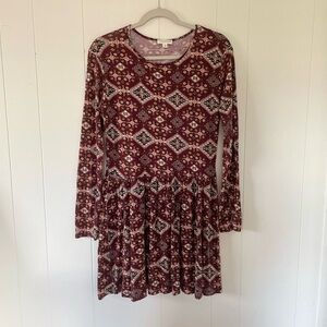 EARTHBOUND Burgundy and Cream Long Sleeve Dress